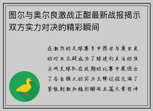 图尔与奥尔良激战正酣最新战报揭示双方实力对决的精彩瞬间