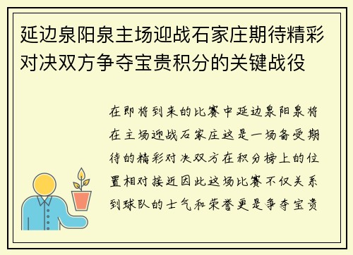 延边泉阳泉主场迎战石家庄期待精彩对决双方争夺宝贵积分的关键战役